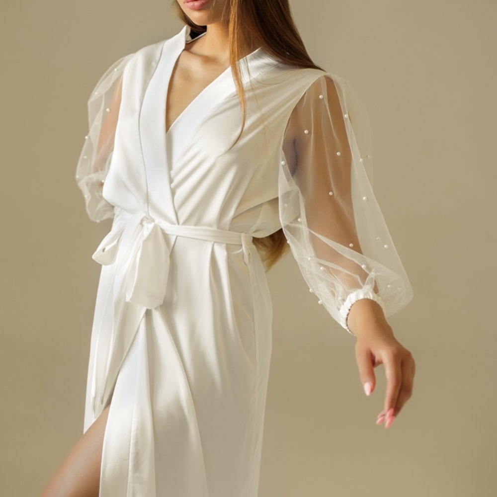 Bridal robe long with pearls on sleeve silk kimono